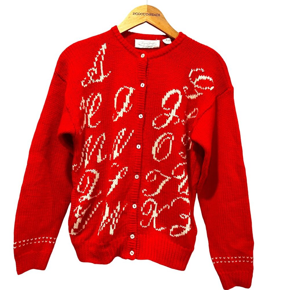 Jayson Younger Vintage Wool Alphabet Cardigan Sweater, Red, M